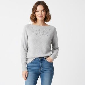 Vince Cashmere Wool Blend Embroidered Floral Boat Neck Sweater Size XS Grey